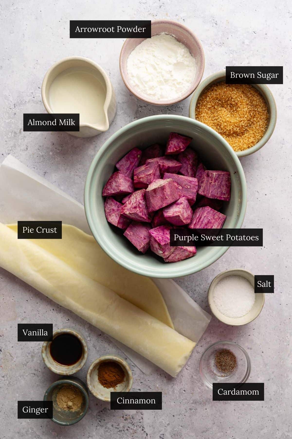 Ingredients for a sweet potato pie with each ingredient labeled.