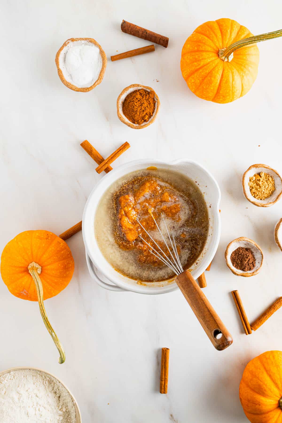 All the wet ingredients being whisked together.