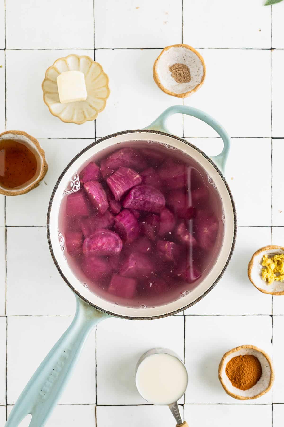 Cooking purple sweet potatoes.